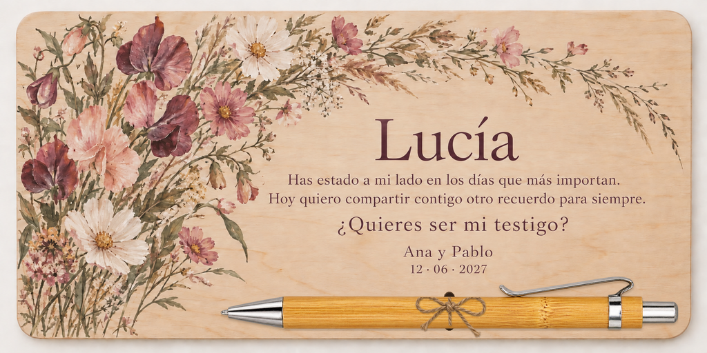 Placa de contraplacado impressa a cores com flores silvestres, o nome Lucía e esferográfica de bambu