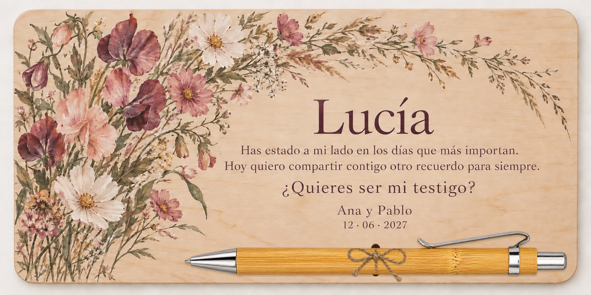 Placa de contraplacado impressa a cores com flores silvestres, o nome Lucía e esferográfica de bambu