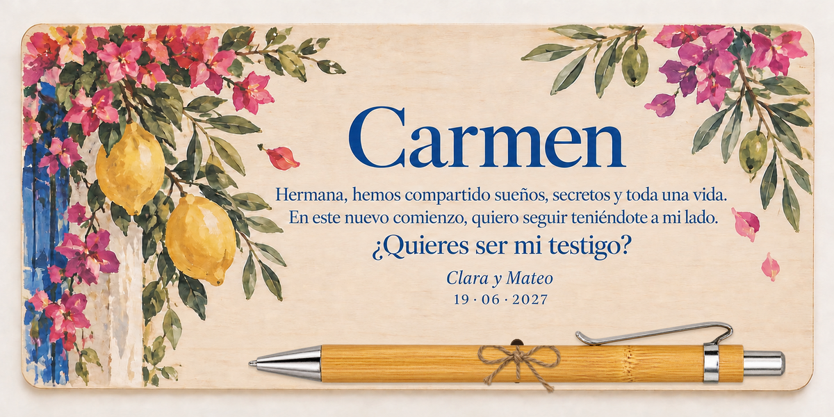 Placa impressa a cores com limões e buganvílias, o nome Carmen e esferográfica de bambu