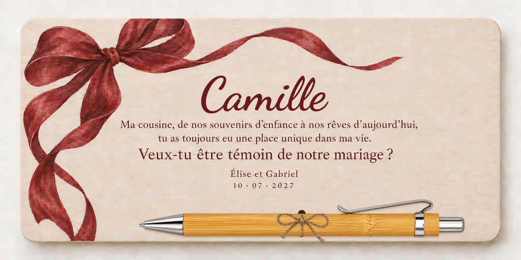 Placa impressa a cores com um laço bordeaux, o nome Camille e esferográfica de bambu