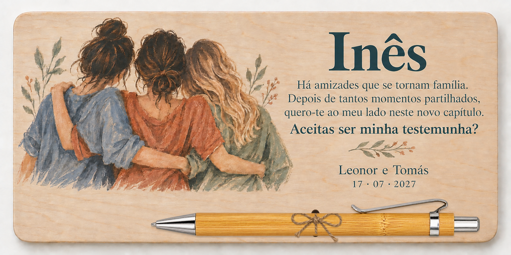 Placa impressa a cores com três amigas abraçadas, o nome Inês e esferográfica de bambu
