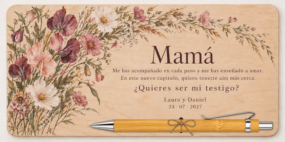 Placa impressa a cores com flores silvestres, o texto Mamá e esferográfica de bambu