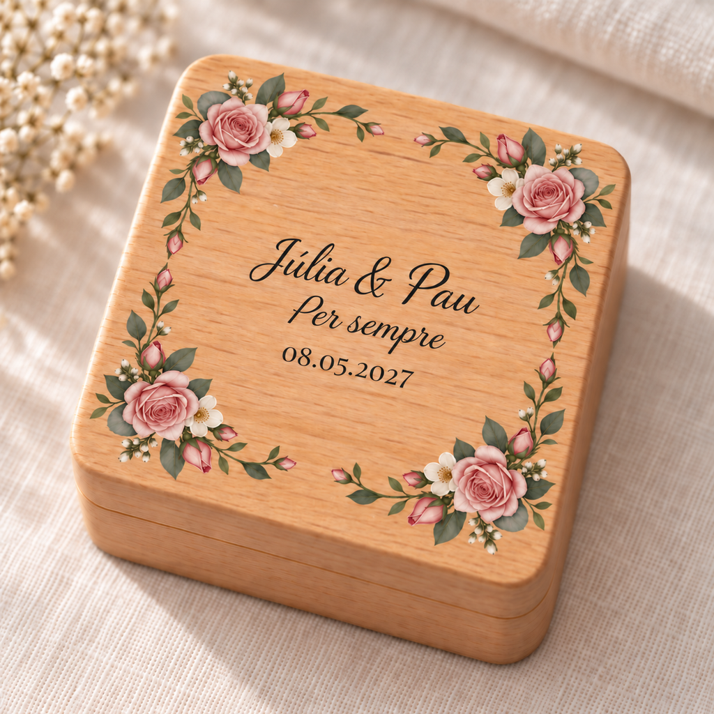 Caja de anillos cuadrada de haya, personalizada en color, con el texto «Júlia & Pau, Per sempre» y la fecha 08.05.2027.