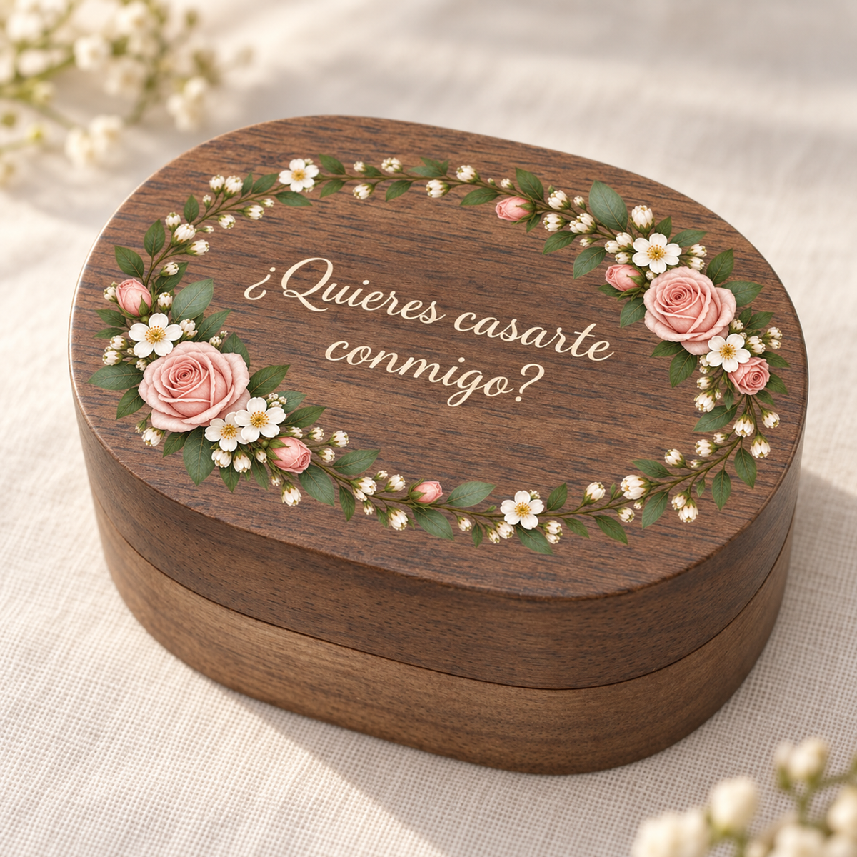 Caja de anillos ovalada de nogal, personalizada en color, con el texto «¿Quieres casarte conmigo?».