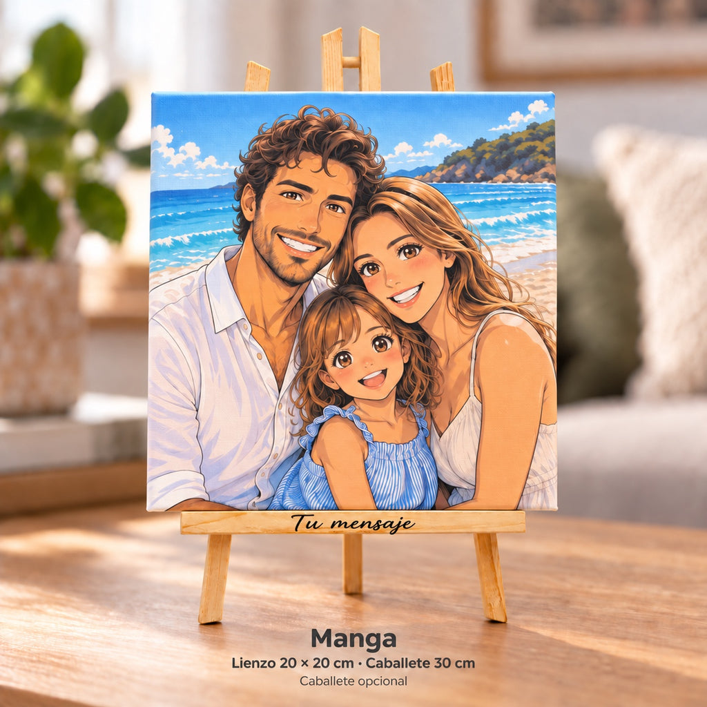Fotografia de família em estilo manga impressa em tela de 20 × 20 cm sobre um cavalete de 30 cm