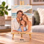 Fotografia de família em estilo boho impressa em tela de 24 × 30 cm sobre um cavalete de 40 cm