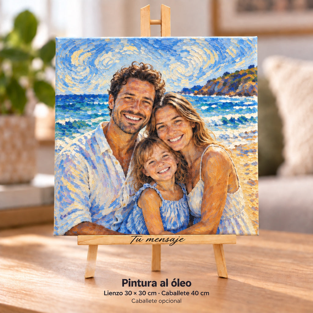 Fotografia de família em estilo pintura a óleo impressa em tela de 30 × 30 cm sobre um cavalete de 40 cm