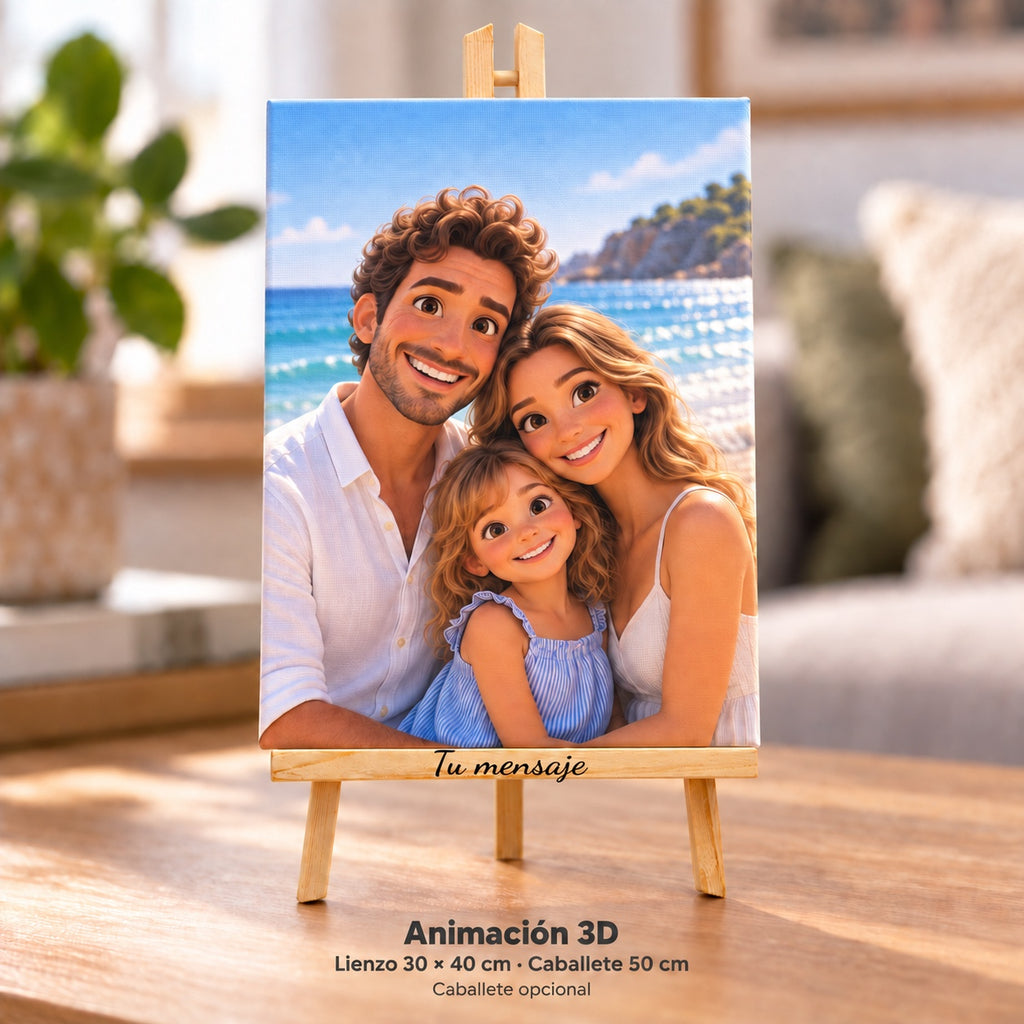 Fotografia de família em estilo animação 3D impressa em tela de 30 × 40 cm sobre um cavalete de 50 cm