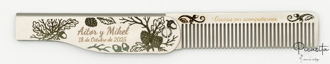Peine de metal personalizado con grabado decorativo y nombres, ideal para el cuidado de la barba.