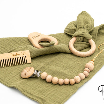 Conjunto de Musselina, Chupeta Personalizada, Mordedor e Pente