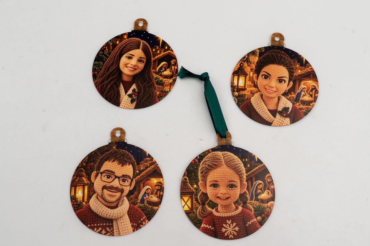 Quatro enfeites planos com retratos em estilo croché e cenas de presépio.