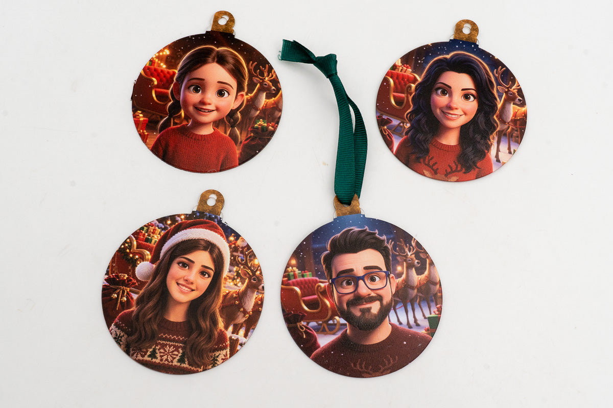Quatro enfeites planos com personagens de animação 3D e fundo de Pai Natal.
