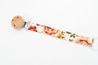 Prende-chupetas de tecido com estampado de rosas vintage e clipe redondo de madeira