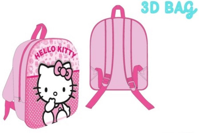 Mochila infantil rosa de Hello Kitty con relieve 3D frontal y tirantes acolchados fucsia.