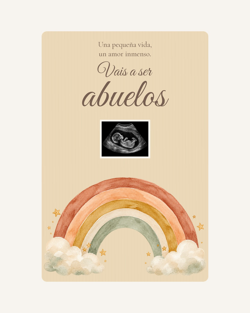 Pré-visualização da placa de madeira Arco-íris para anunciar a gravidez aos avós, com ecografia ilustrativa.