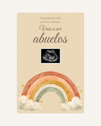 Pré-visualização da placa de madeira Arco-íris para anunciar a gravidez aos avós, com ecografia ilustrativa.