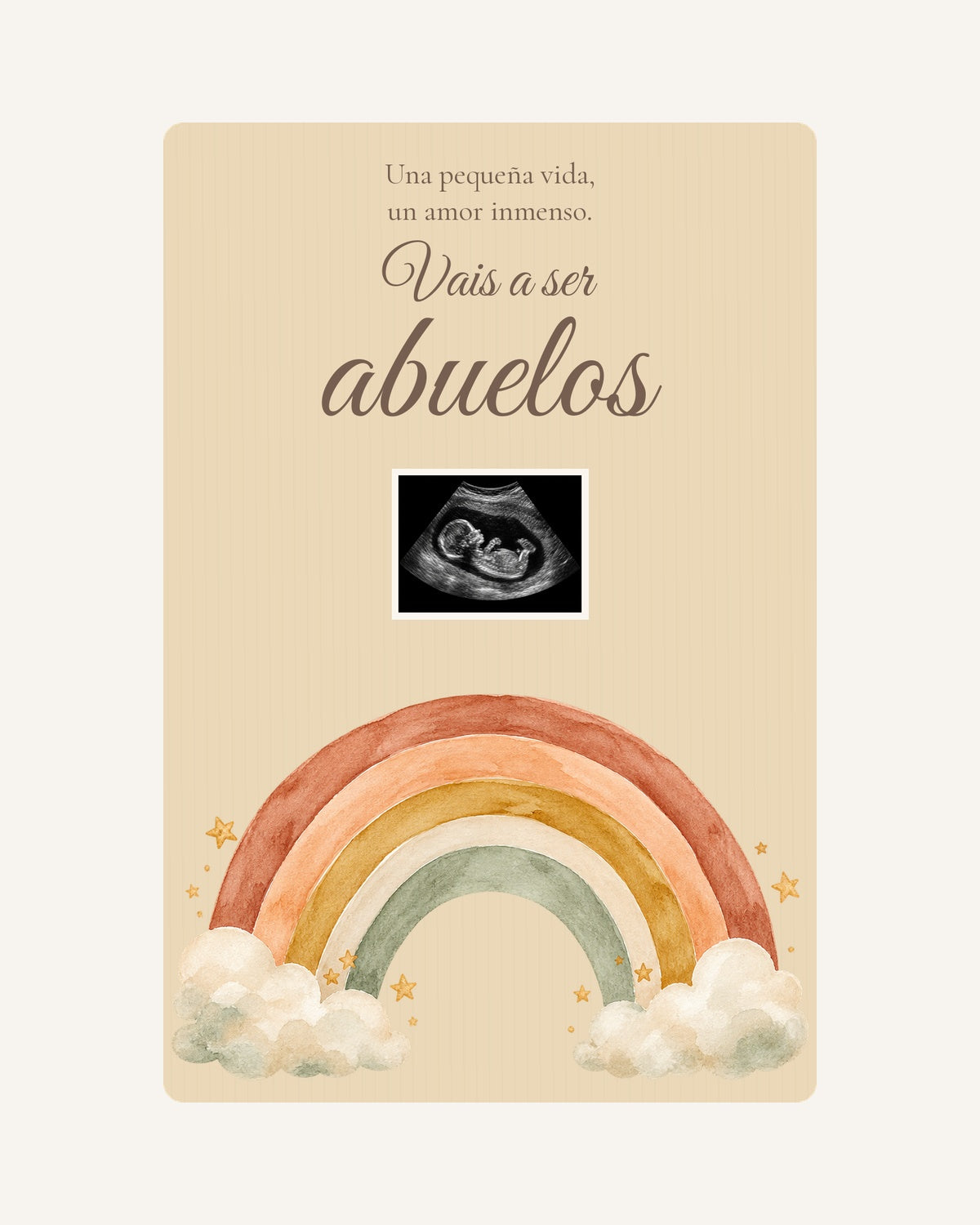 Pré-visualização da placa de madeira Arco-íris para anunciar a gravidez aos avós, com ecografia ilustrativa.