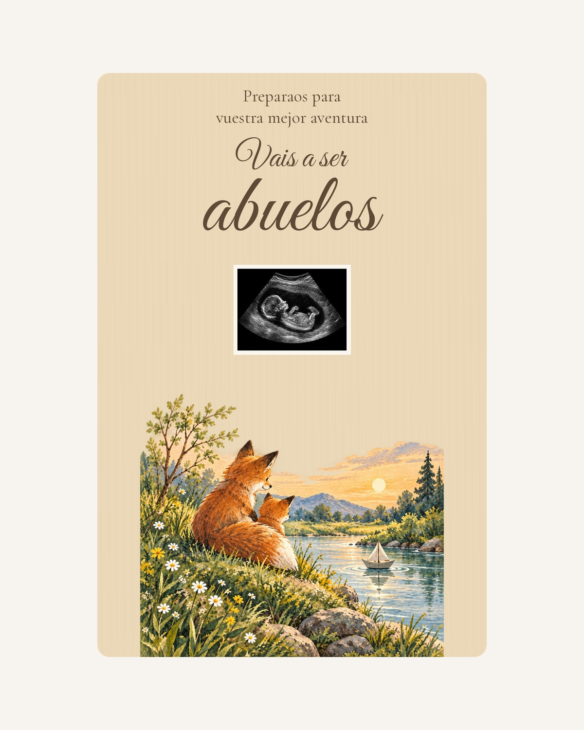 Pré-visualização da placa de madeira Aventura para anunciar a gravidez aos avós, com ecografia ilustrativa.