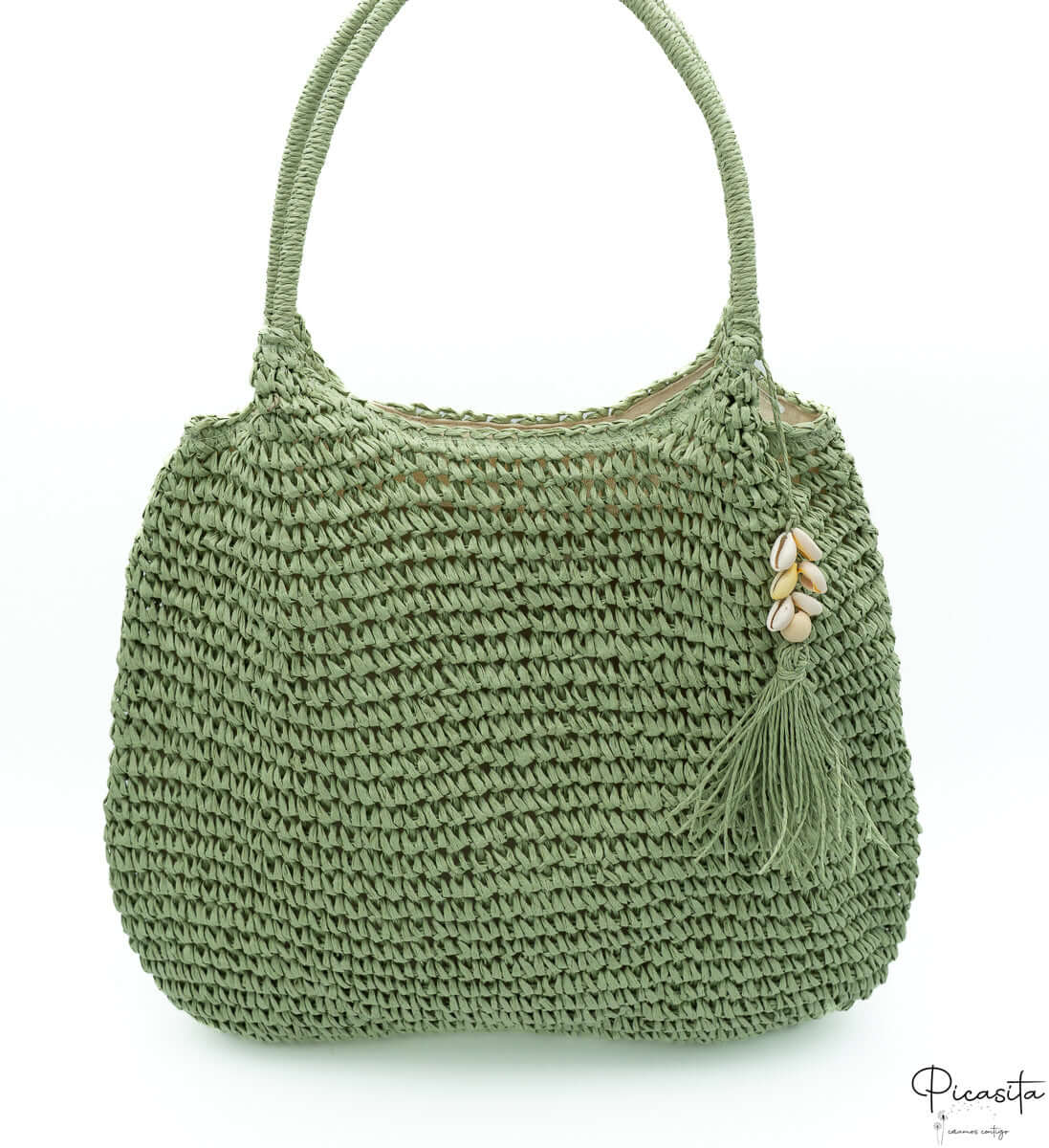 Bolso de Playa con Cremallera Verde Flecos