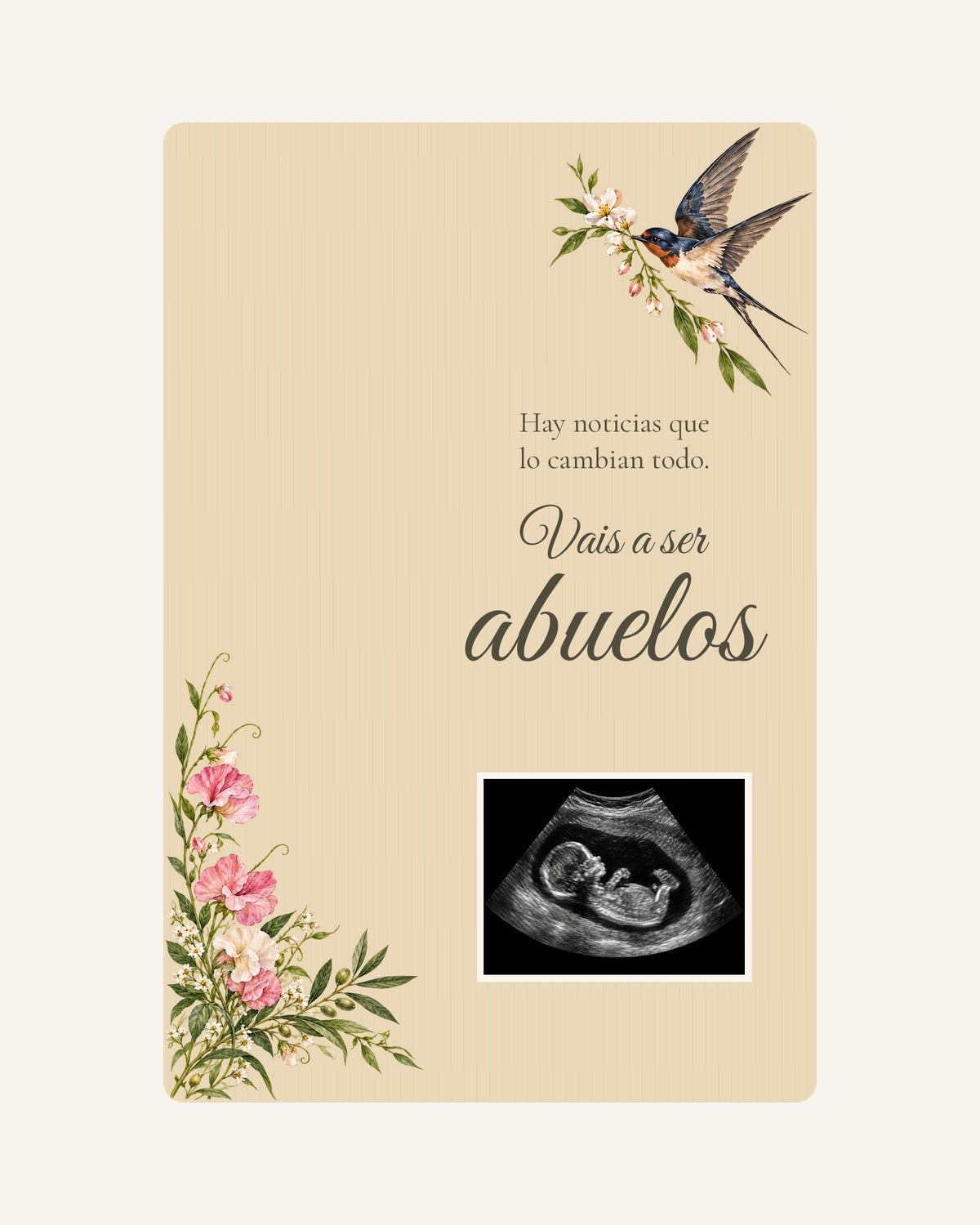 Pré-visualização da placa de madeira Botânica para anunciar a gravidez aos avós, com ecografia ilustrativa.