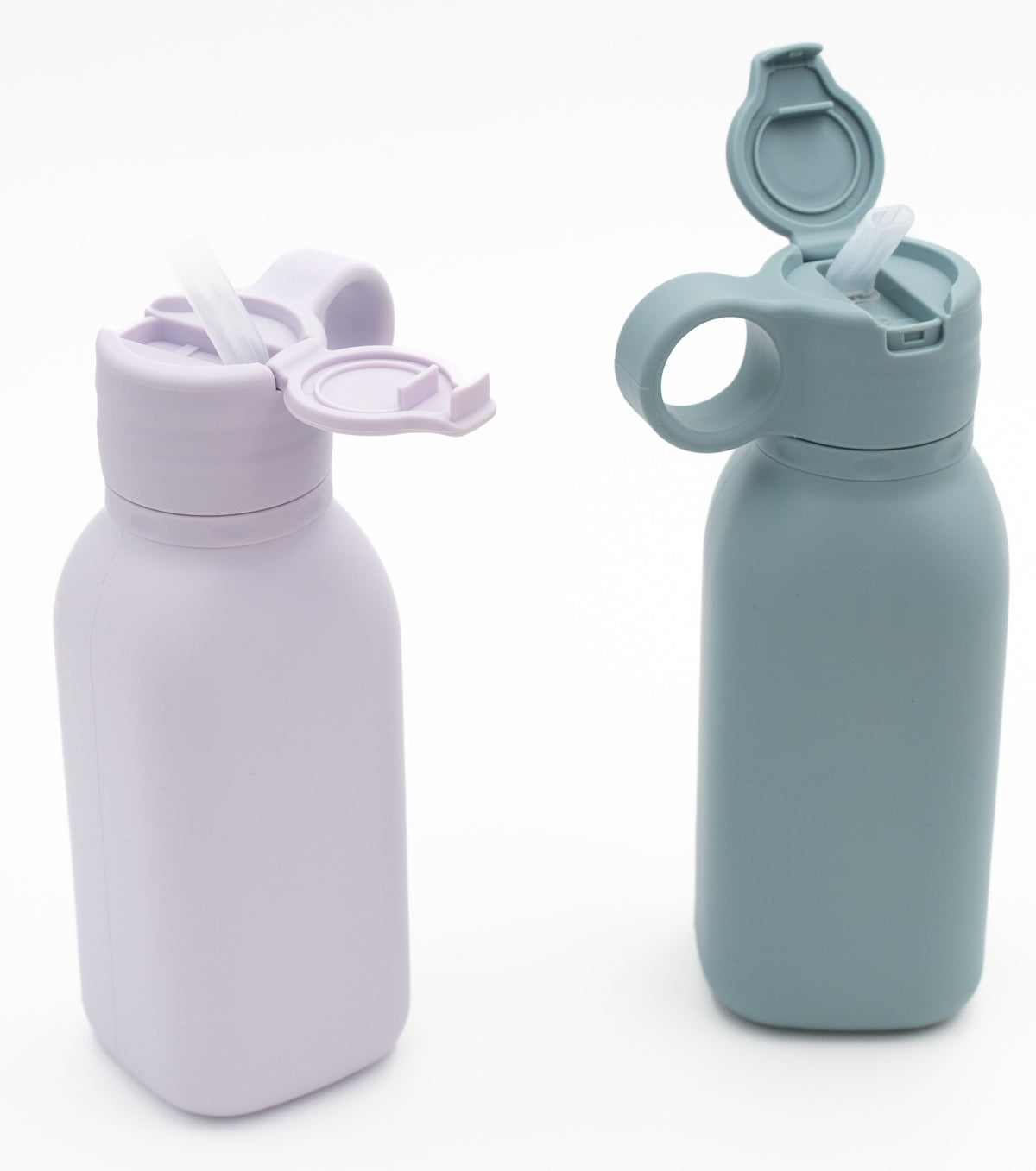 Garrafas de silicone abertas com tubo interior e cobertura rebatível