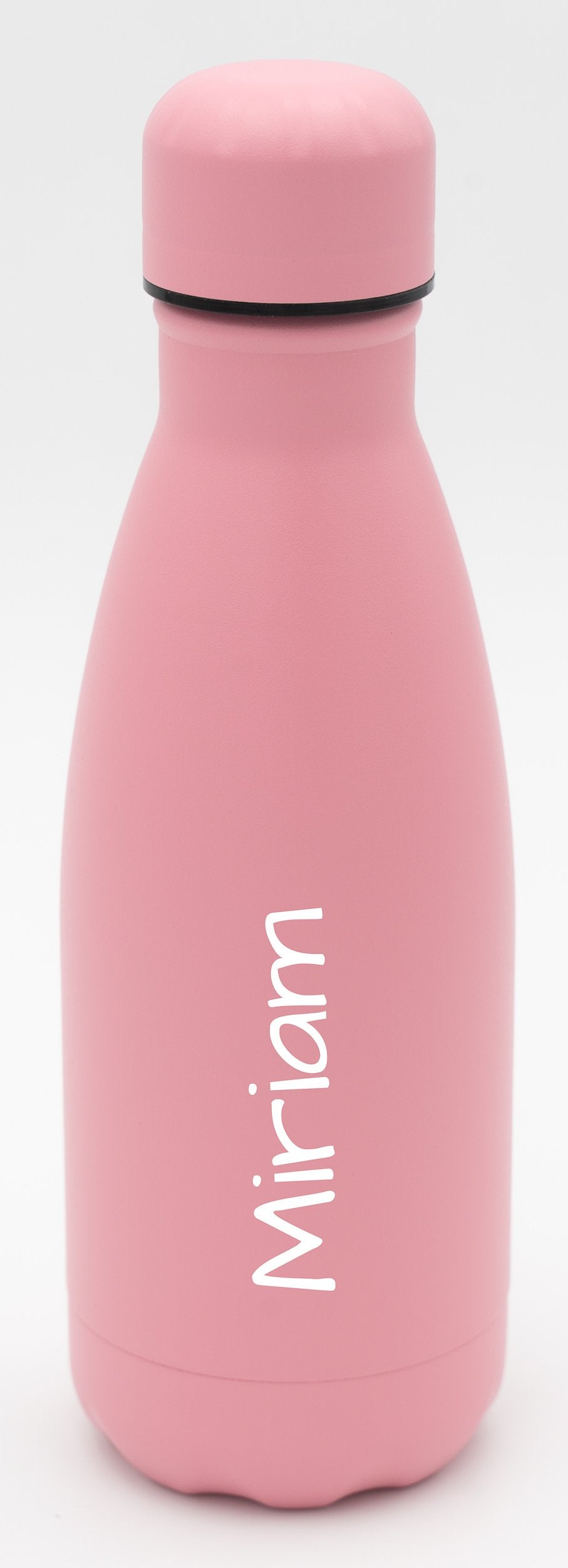 Garrafa térmica rosa de 350 ml com o nome Miriam gravado na vertical