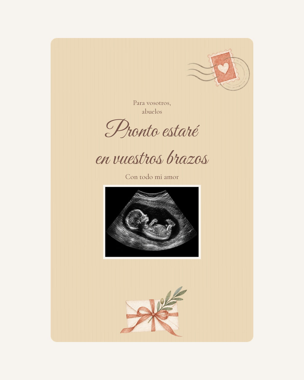 Pré-visualização da placa de madeira Carta do bebé para anunciar a gravidez aos avós, com ecografia ilustrativa.