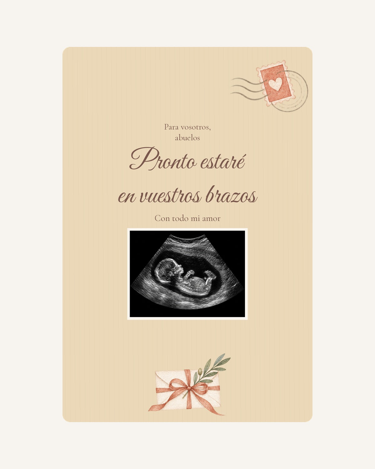Pré-visualização da placa de madeira Carta do bebé para anunciar a gravidez aos avós, com ecografia ilustrativa.
