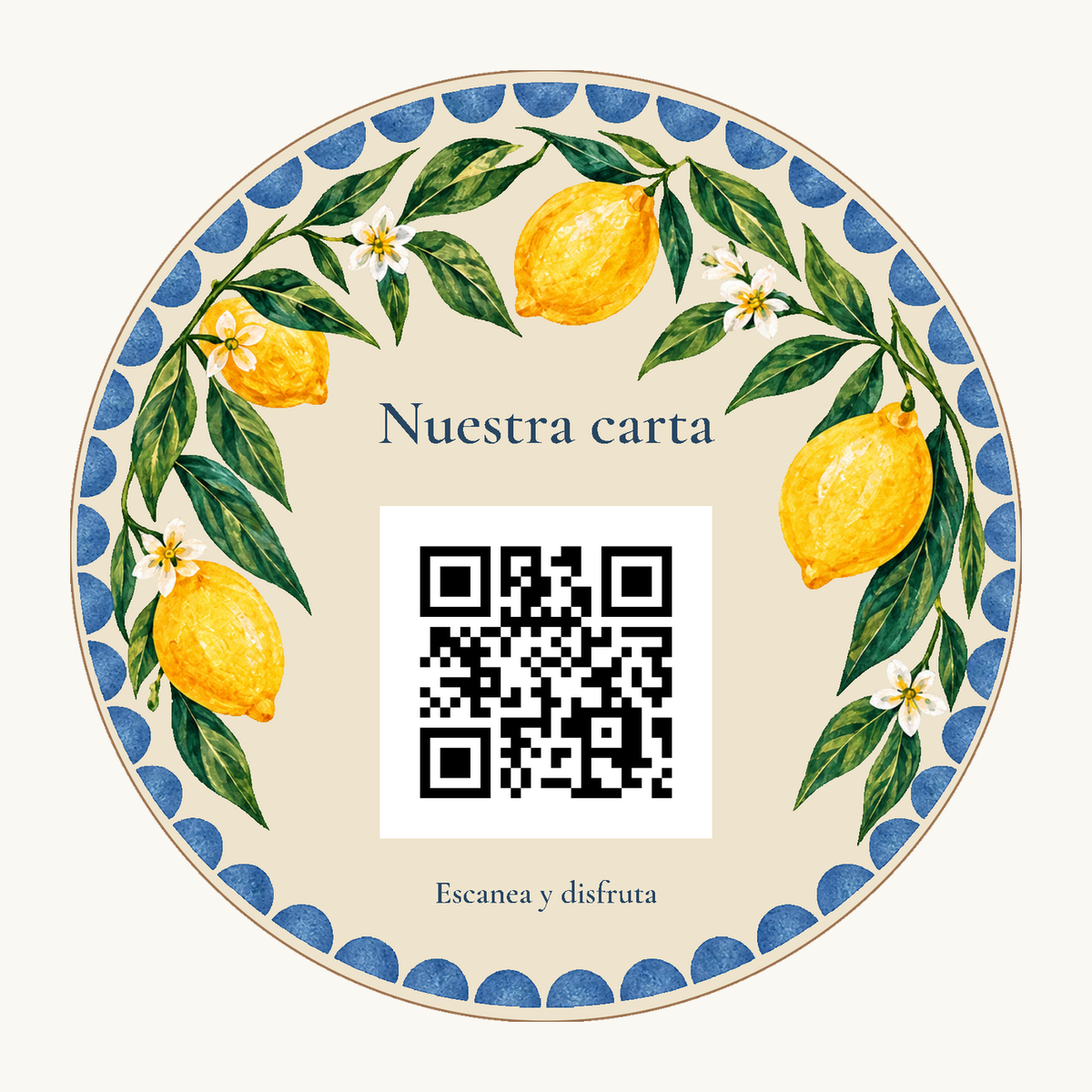 Simulação de Placa de ementa com QR mediterrânico e base · exemplo 1