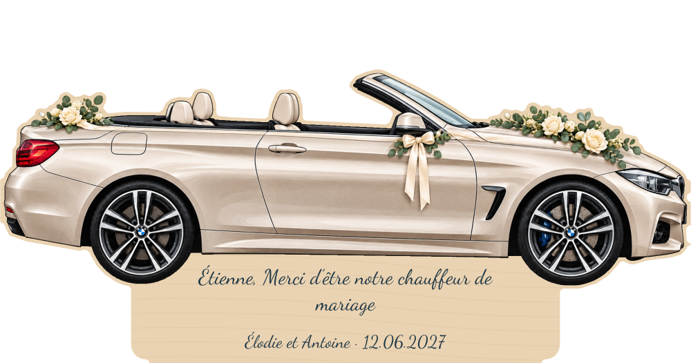 Simulação de placa de contraplacado de 3 mm para motorista de casamento a cores, BMW Serie 4 Cabrio, personalizada para Étienne.