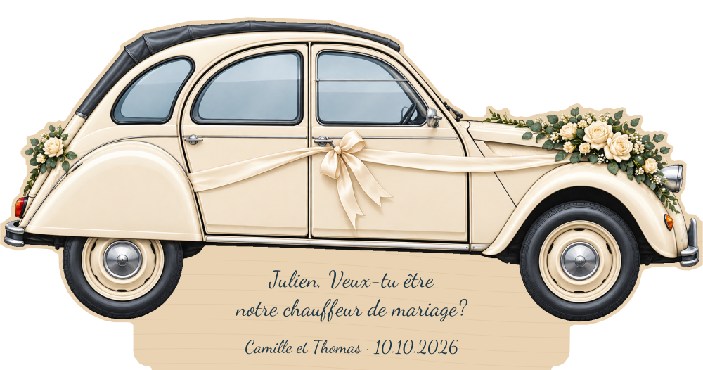 Simulação de placa de contraplacado de 3 mm para motorista de casamento a cores, Citroën 2CV, personalizada para Julien.