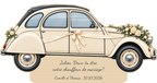 Simulação de placa de contraplacado de 3 mm para motorista de casamento a cores, Citroën 2CV, personalizada para Julien.