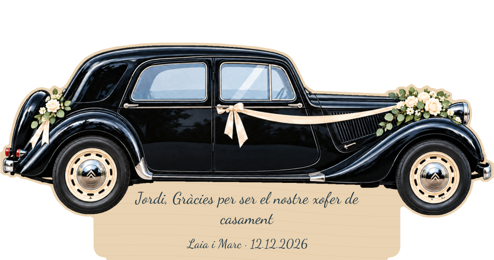 Simulação de placa de contraplacado de 3 mm para motorista de casamento a cores, Citroën Traction Avant, personalizada para Jordi.