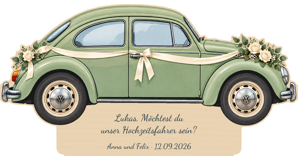 Simulação de placa de contraplacado de 3 mm para motorista de casamento a cores, Volkswagen Escarabajo, personalizada para Lukas.