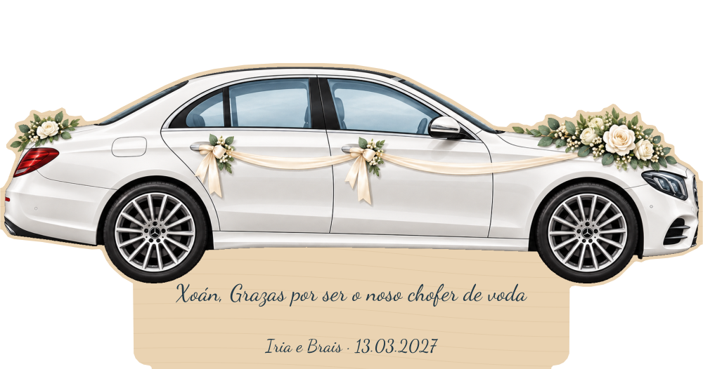 Simulação de placa de contraplacado de 3 mm para motorista de casamento a cores, Mercedes Clase E, personalizada para Xoán.