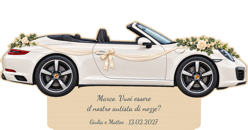 Simulação de placa de contraplacado de 3 mm para motorista de casamento a cores, Porsche 911 Cabrio, personalizada para Marco.