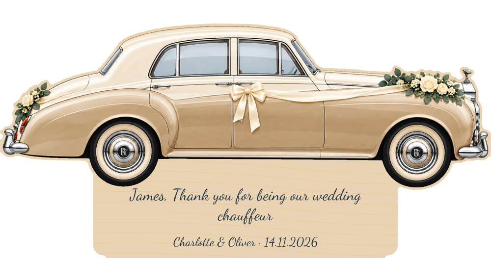 Simulação de placa de contraplacado de 3 mm para motorista de casamento a cores, Rolls-Royce Silver Cloud, personalizada para James.