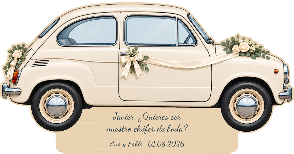 Simulação de placa de contraplacado de 3 mm para motorista de casamento a cores, SEAT 600, personalizada para Javier.