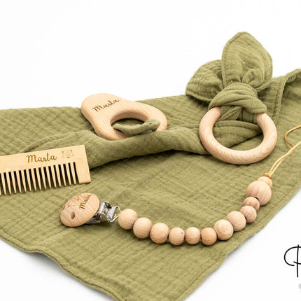 Conjunto Muselina, Chupetero Personalizado, Mordedor y Peine