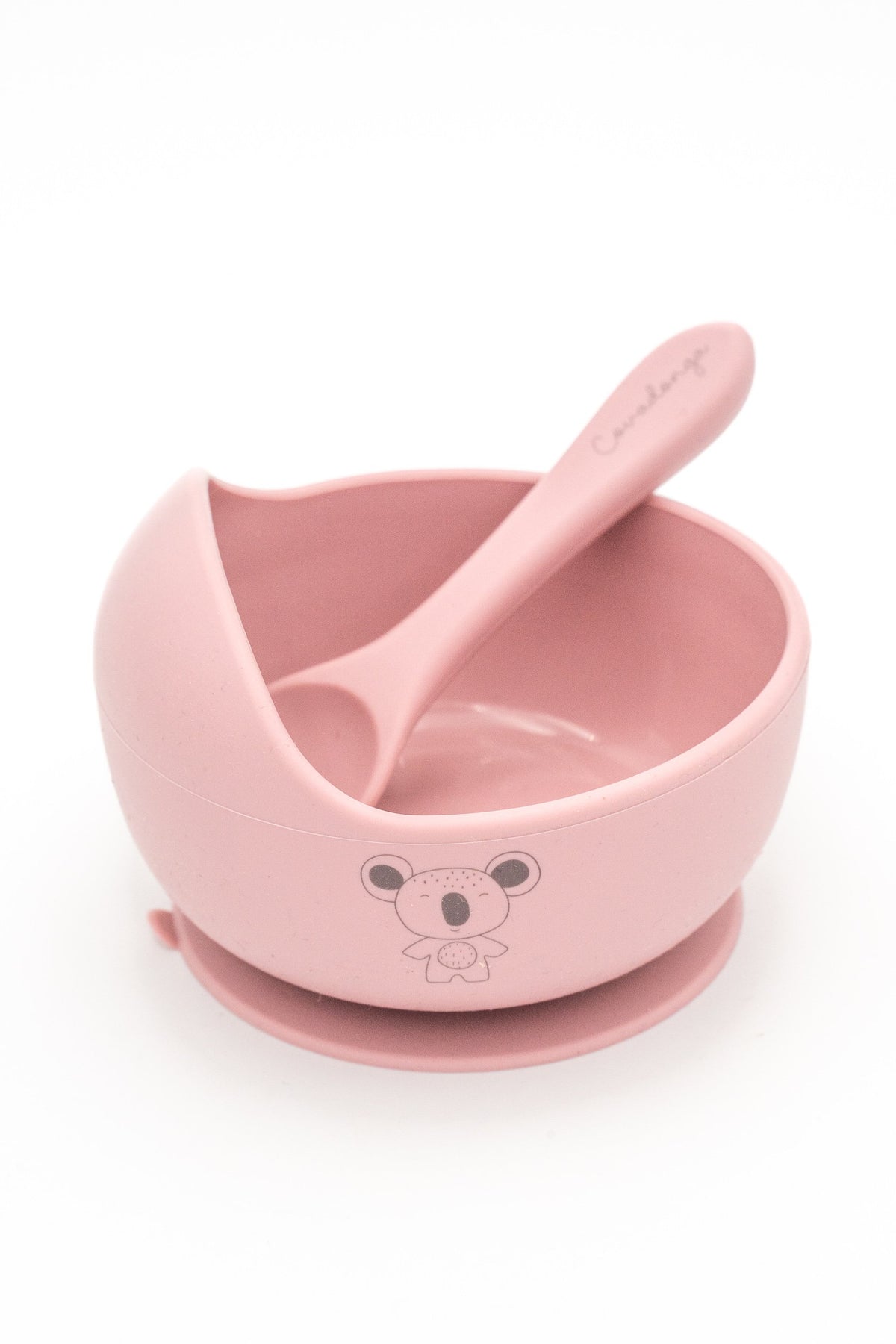 Taça rosa-clara com coala e colher com nome