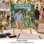 Tela de casamento de 30 × 30 cm com retrato em estilo pintura a óleo e «Deja tu huella», junto a uma árvore de impressões digitais e tintas.