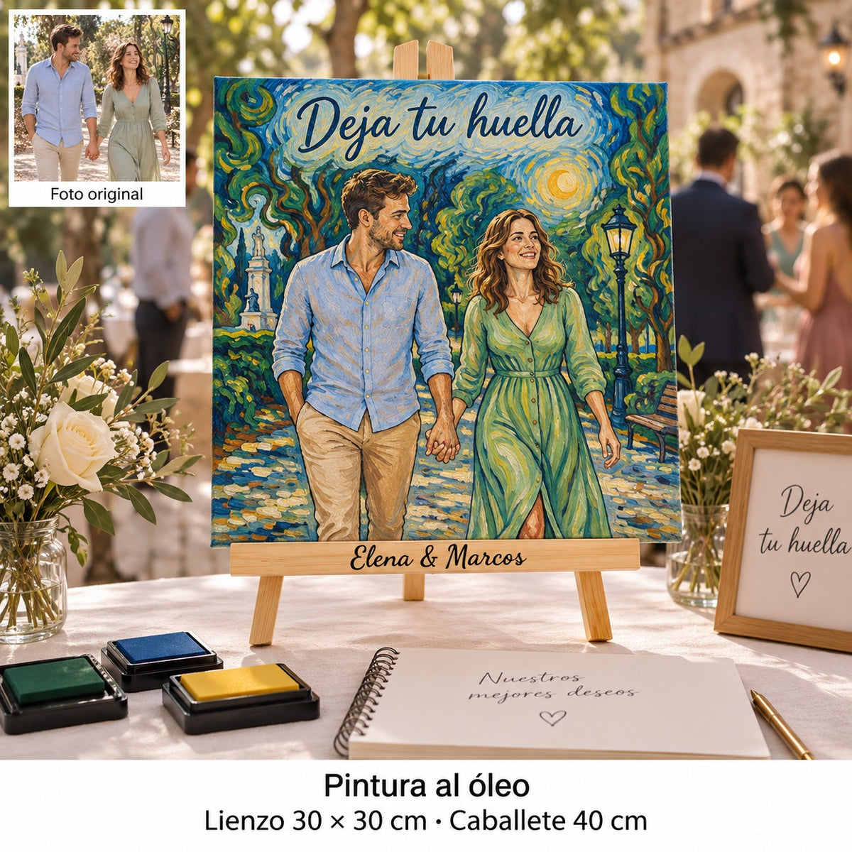 Tela de casamento de 30 × 30 cm com retrato em estilo pintura a óleo e «Deja tu huella», junto a uma árvore de impressões digitais e tintas.