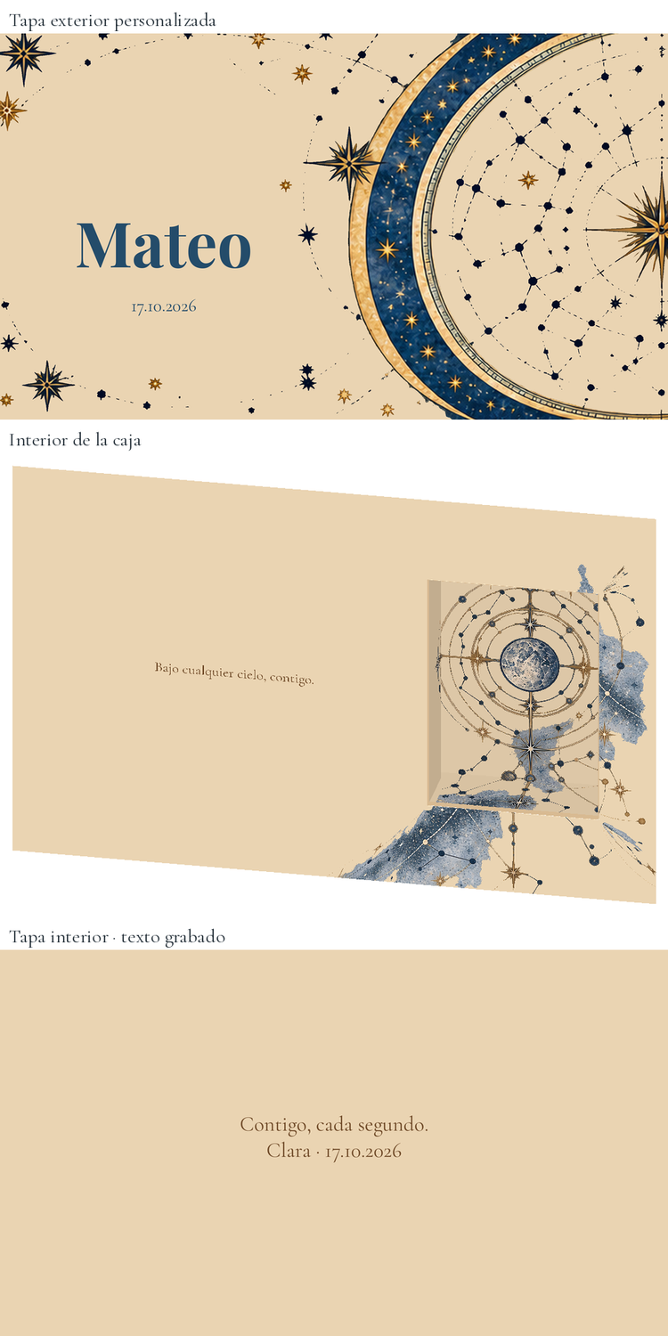 Vista digital: Caixa de relógio personalizada para o noivo — Firmamento. Caixa de madeira de 24 × 16 cm; relógio não incluído.