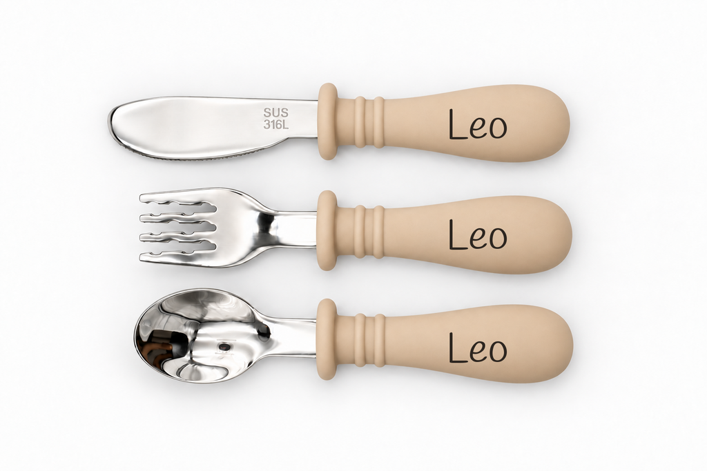 Cubiertos infantiles personalizados · Beige · nombre Leo