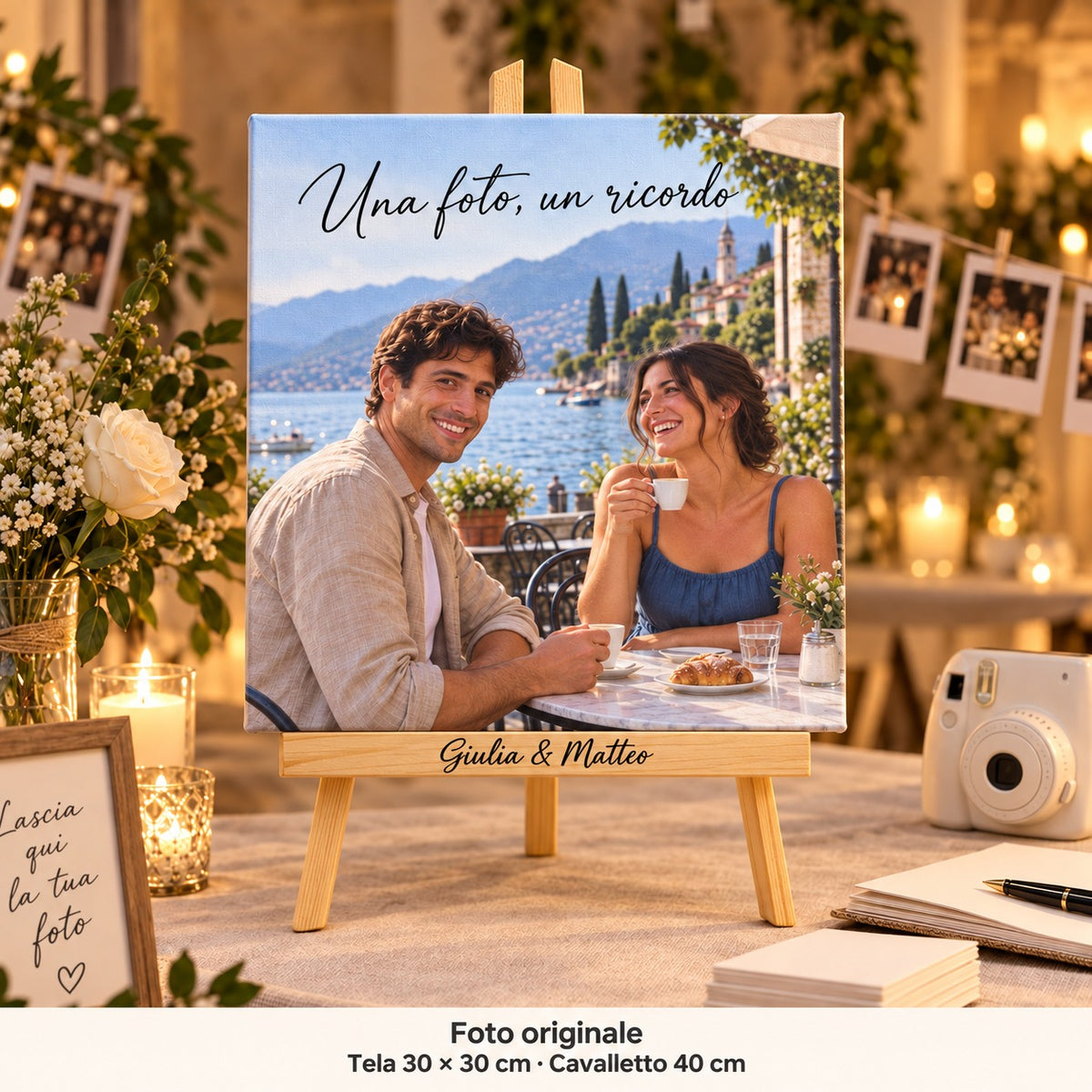 Tela de 30 × 30 cm com fotografia pré-casamento de Giulia e Matteo e «Una foto, un ricordo», junto a uma câmara e a um álbum de casamento.