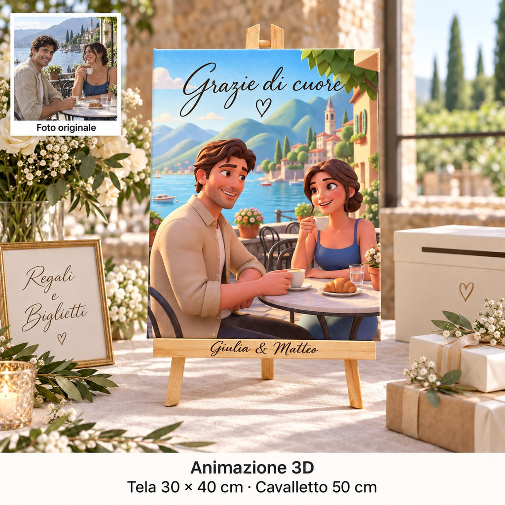 Tela de 30 × 40 cm com retrato em animação 3D e «Grazie di cuore», num cavalete personalizado sobre a mesa de presentes do casamento.
