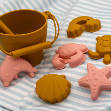 Kit de Cubos de Playa y Animales de silicona personalizados Mostaza Rosada
