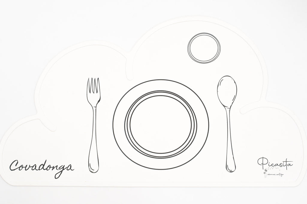 Individual em nuvem branco com o nome Covadonga e um serviço de mesa desenhado