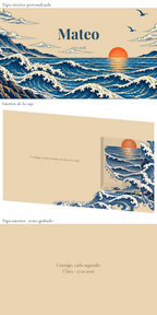 Vista digital: Caixa de relógio personalizada para o noivo — Marea serena. Caixa de madeira de 24 × 16 cm; relógio não incluído.