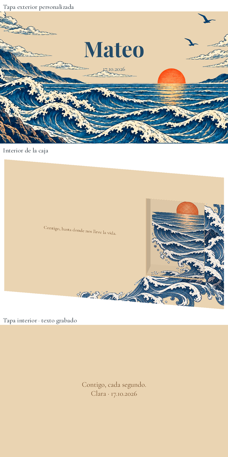 Vista digital: Caixa de relógio personalizada para o noivo — Marea serena. Caixa de madeira de 24 × 16 cm; relógio não incluído.